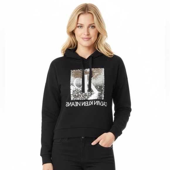 Calvin Klein size xsmall black reversible sequins logo hooded crop sweatshirt - Picture 1 of 8